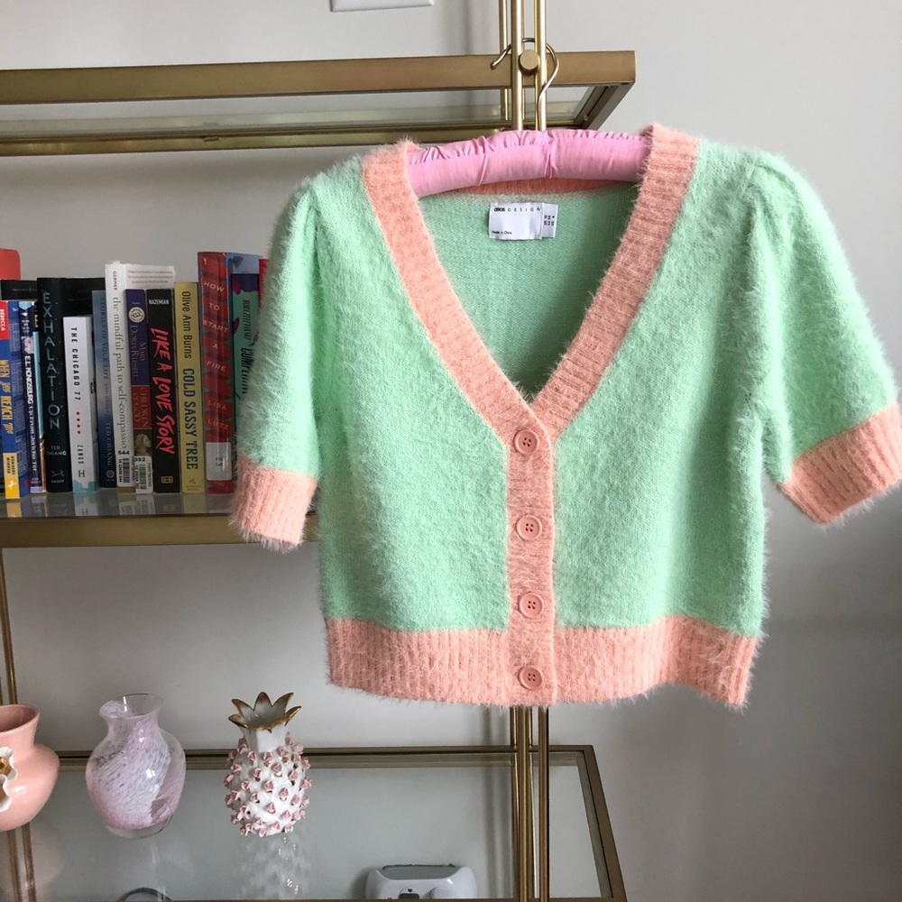 ASOS Mint Green and Peach Fuzzy Cropped Cardigan